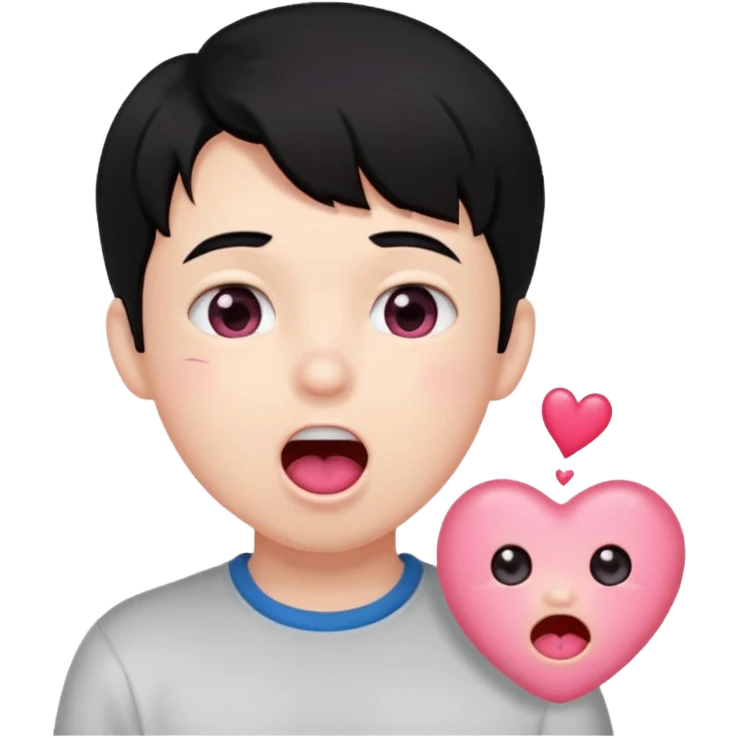 Boy with black hair, blushing, pink heart eyes, mouth open and drooling emoji