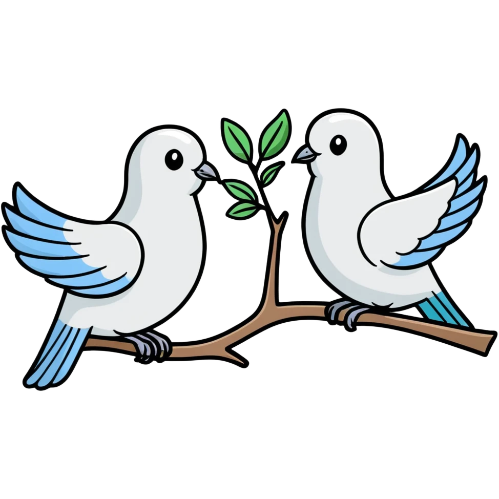Israel vs Palestine as two doves with different colored olive branches, cartoon sticker style emoji