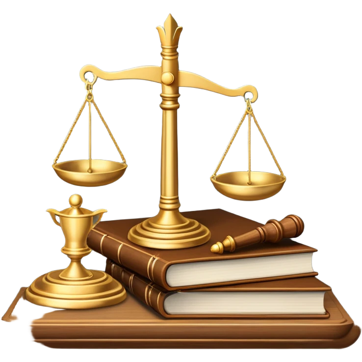An icon featuring scales of justice, a gavel, and a legal book, symbolizing the study of law. The design includes courthouse pillars in the background, representing authority and legal systems. Transparent background highlights the principles of justice, order, and legal education. emoji