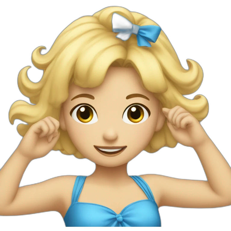 little blonde girl dancing in a blue bird costume emoji