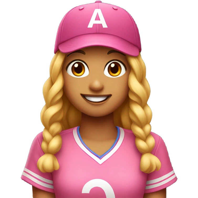 smiling girl in baseball pink cap with letter A on it emoji