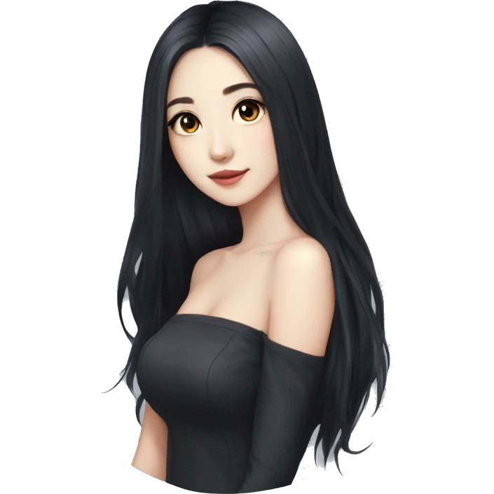 girl, long black hair, kpop idol, standing, beautiful girl, very hot girl, russian american emoji