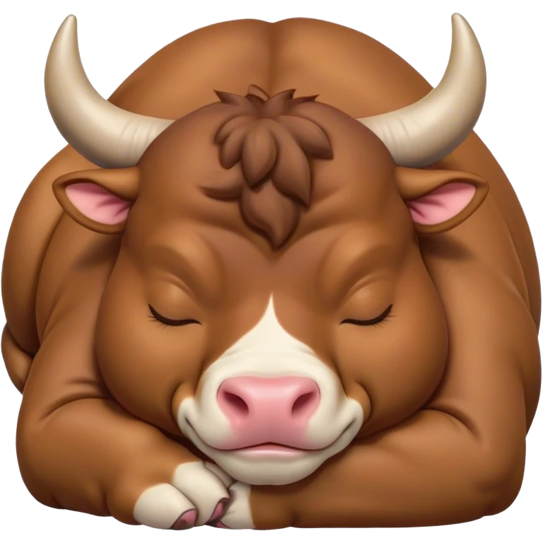 Meme-Worthy Cute Sleeping Domestic Bull Portrait Emoji, Head resting peacefully with a contented smile, showcasing a robust, muscular build and a luxuriously soft coat, eyes gently closed in serene, restful slumber, Simplified yet hilariously adorable features, highly detailed, glowing with a soft, drowsy natural light, high shine, relaxed and utterly lovable, stylized with an air of playful laziness, soft glowing outline, capturing the essence of a sleeping domestic bull that feels destined to become the next viral sensation of adorable rest! emoji