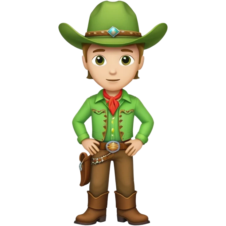 Cowboy wearing a bright green outfit and green cowboy hat, western style emoji