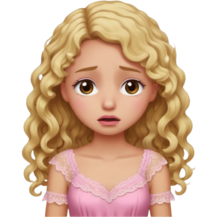 the girl is that criying with tears she has brown eyes and blond long hair curly pink dress  emoji