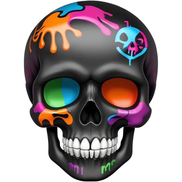 smooth black skull with vibrant graffiti paint contained within the skull shape, brand logos inside skull outline only, side view emoji