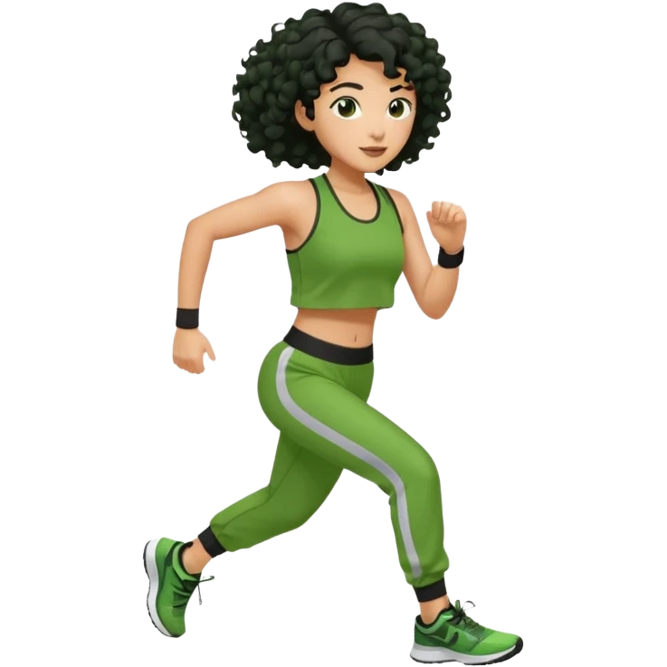 a woman with olive skin tone and curly black hair wearing green and jogging emoji