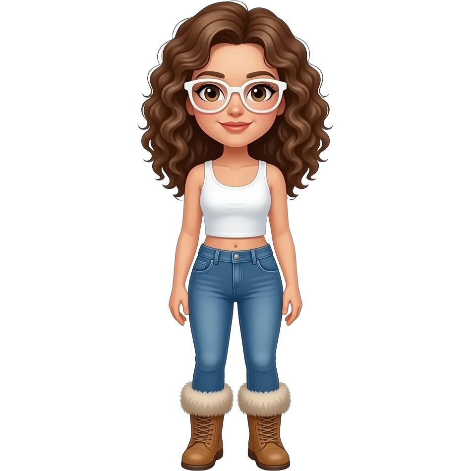 Create a white girl with white glasses and brown curly hair, brown eyes, has a white tank top and and bootcut blue jeans and fur boots. Westhetic emoji