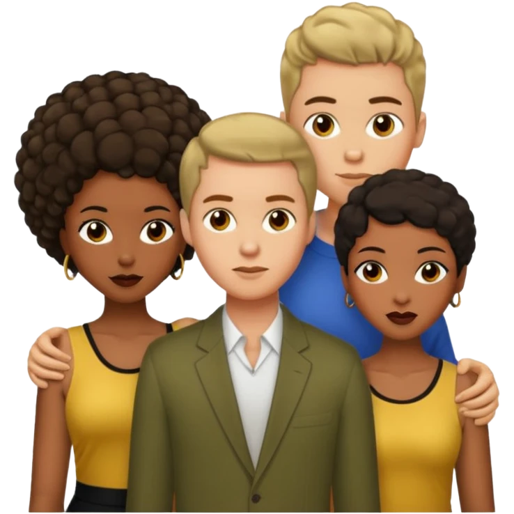 Olive skinnedAmerican man with short brown hairwith two black african women both are African one is light skin black and one is medium tone black with african hair styles emoji
