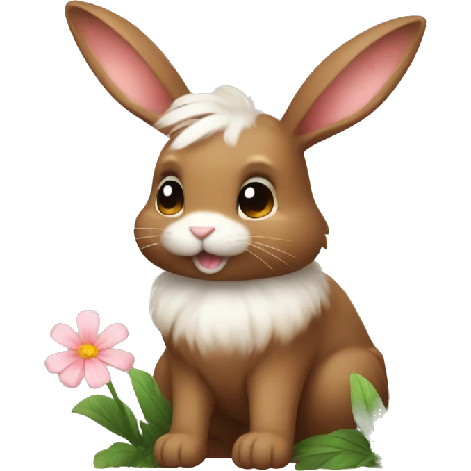 cute super fluffy brown bunny with a flower emoji