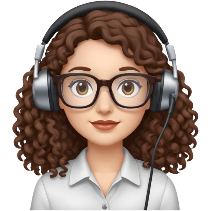 White female  Long Brown curly hair  Dark brown eyes  Square glasses  Headset  emoji