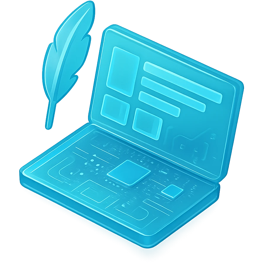 Flat icon of a laptop with a quill pen and content blocks, cyan blue emoji