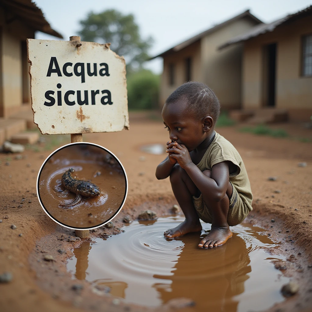 realistic or semi-realistic African child drinking from a muddy puddle in a village with simple houses, a torn or fallen sign reading 'Acqua sicura'; inset showing a microscopic view of schistosoma larvae penetrating the child's skin (foot or leg in water); social and health warning atmosphere emoji