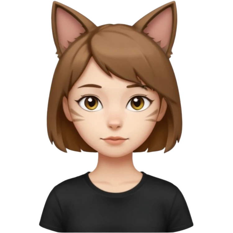 a girl with short brown wolf cut , cat ears and a tail, with a black t-shirt on emoji