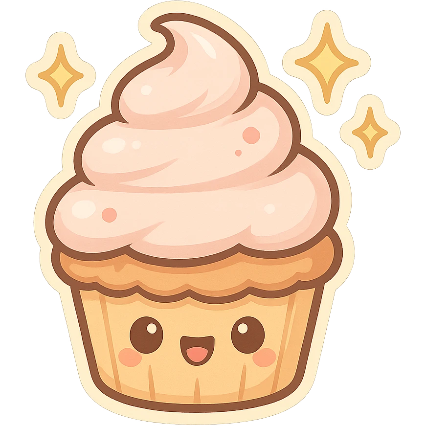 chibi sticker-style cupcake with sparkles, cute and exaggerated emoji