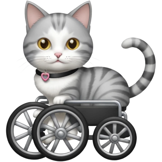 disabled grey and white cat using cat wheelchair emoji