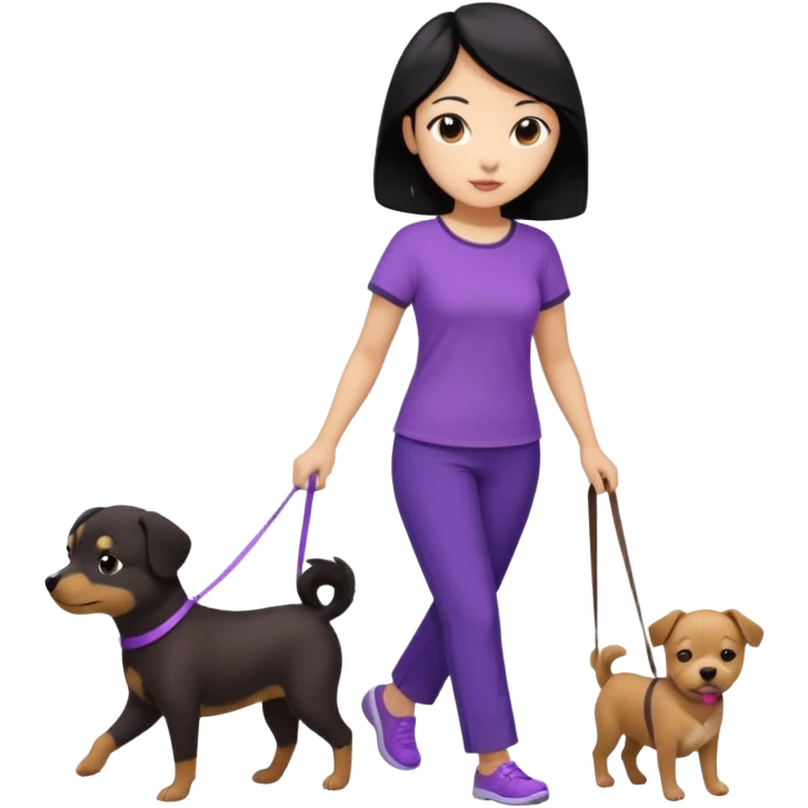 black hair Chinese woman wearing purple top and black pants walking 1 small brown dog emoji