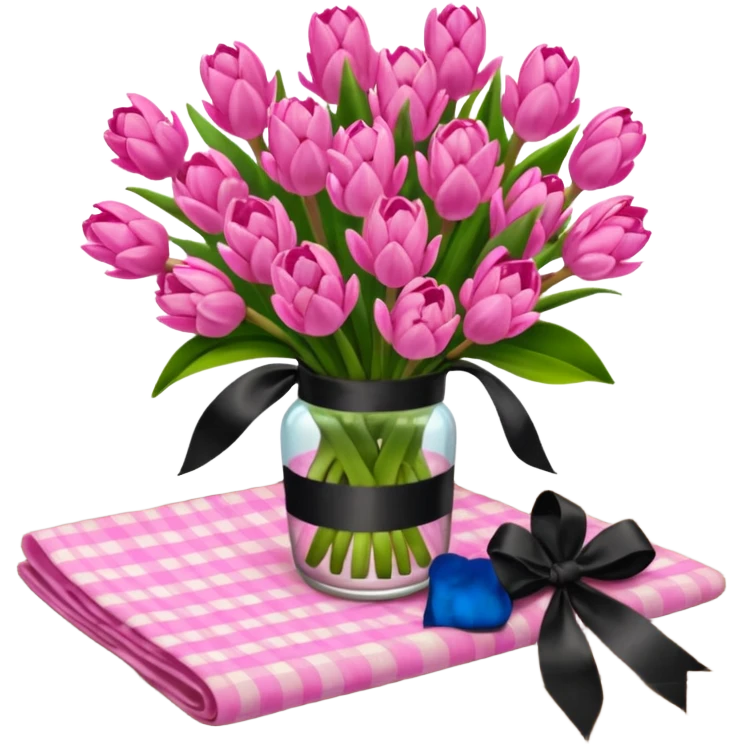 A lush bouquet of bright pink color Hyacinths black satin ribbon, resting on an antique wooden table, with a pale yellow and pink plaid pattern table cloth emoji