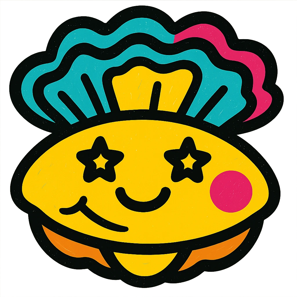 Cute oyster with a dreamy expression, starry eyes, gentle smile, in pop colors style, transparent background. emoji