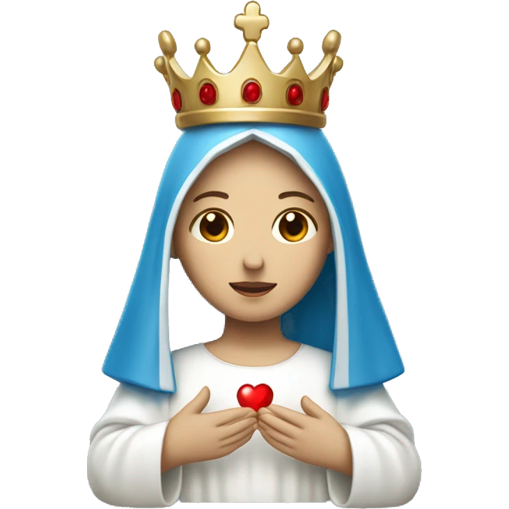blessed virgin mary with a crown, with blue veil, with white clothes, with white skin, holding a red heart in her hands emoji