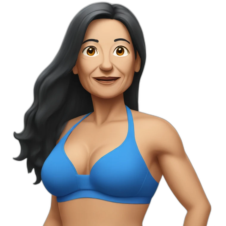 Older Spanish woman with long black hair, in a blue fitness bikini emoji