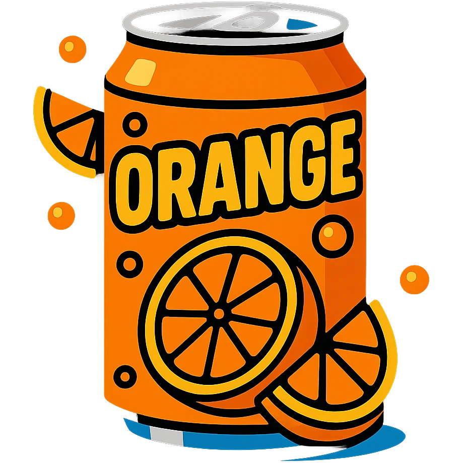Place the can of orange soda with orange slices on a solid black background, keep the TikTok-inspired vibrant cartoon style. emoji
