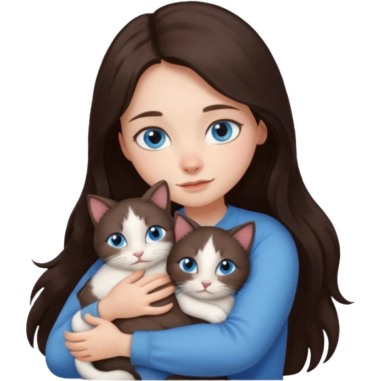 a girl with long dark 
brown hair, with blue eyes, hugs 3 different natural coloured small cats emoji