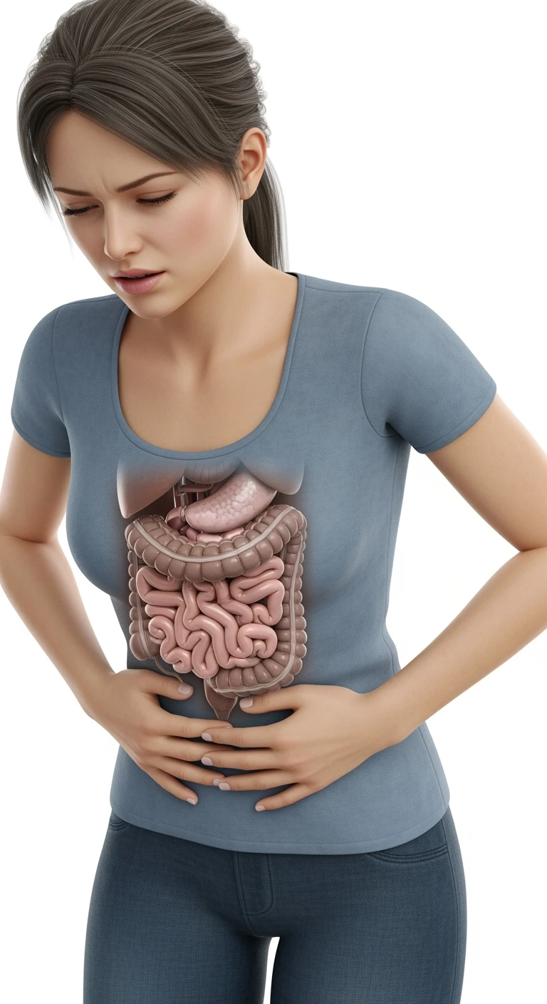 DONNA CON MAL DI PANCIA E INTESTINO UMANO ANATOMICO VISIBILE, IPERREALISTICO 4K, SFONDO BIANCO emoji