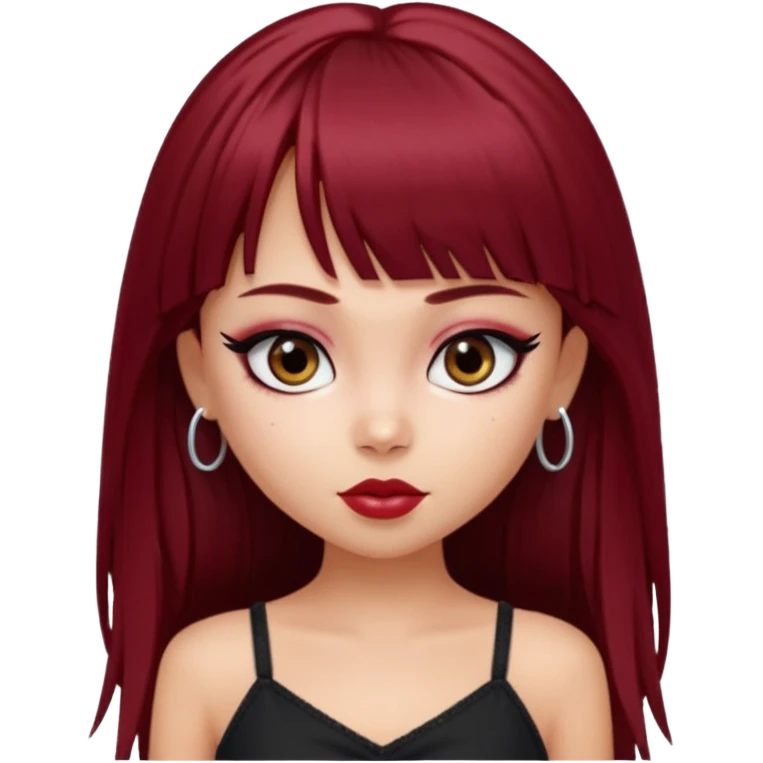 generate a pretty bratz girl in black cami top, dark red straight long hair with bangs, eyeliner on, 

 emoji