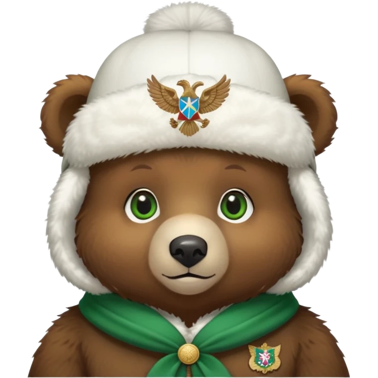Just the head of a cute small brown bear cub with green eyes, wearing only a white fluffy ushanka hat with detailed Russian Federation double-headed eagle emblem, no other clothing, iOS emoji style emoji