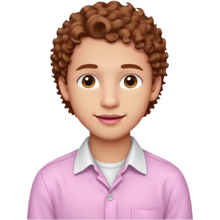 emoji of a young man with light skin, big brown eyes, soft smile with braces, full pink lips, curly hair, warm gaze, wearing a white buttoned-up shirt emoji