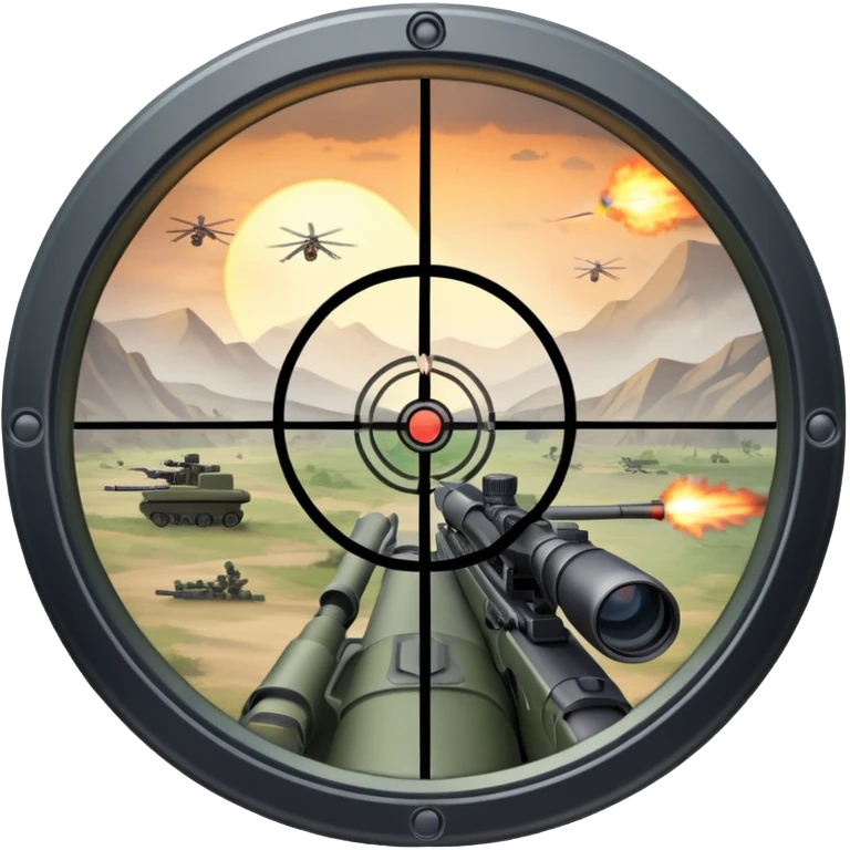 An icon symbolizing first-person shooter games. The design features a circular sniper scope view with crosshairs aimed at a distant target. The background shows a battlefield with soldiers and explosions, capturing the action-packed intensity of FPS games. Transparent background. emoji