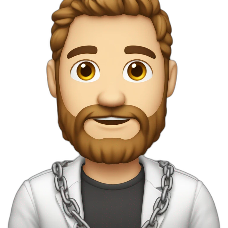 Hombre de mitad de cuerpo piel blanca cabello largo cafe con barba y cadena con dije de caballo grande en el cuello emoji