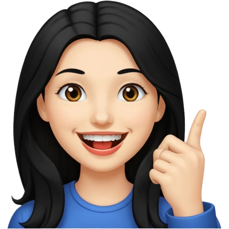 Haz una imagen de una mujer con cabello negro largo , con una sonrisa en su cara y la punta de su dedo indice mordido entre sus dientes emoji