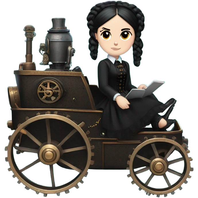 Wednesday Addams riding in a bright steampunk electric wagon emoji