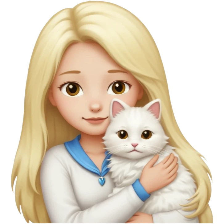 a girl with long blonde hair and a white fluffy cat cuddling her neck, emoji style emoji