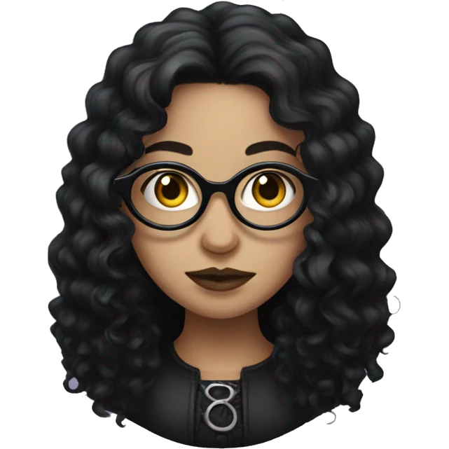 a gothic girl with long black curly hair and circular glasses emoji