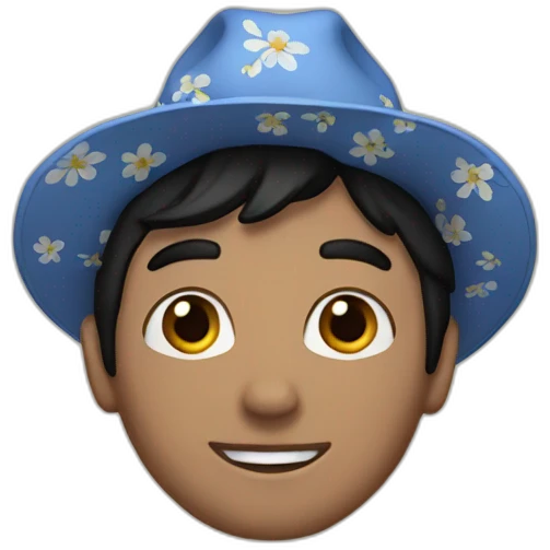 White Man with black hair, strip blue flowered shirt, brown hat emoji