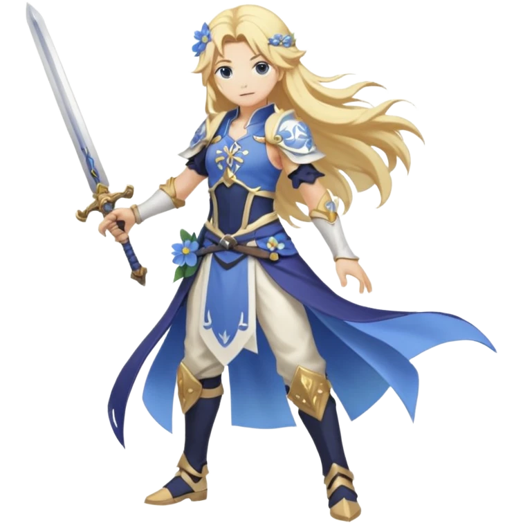 White and golden, blonde, long-haired Lumine with a pastel-indigo flower in hair (from Genshin Impact) with a sword (full body) emoji