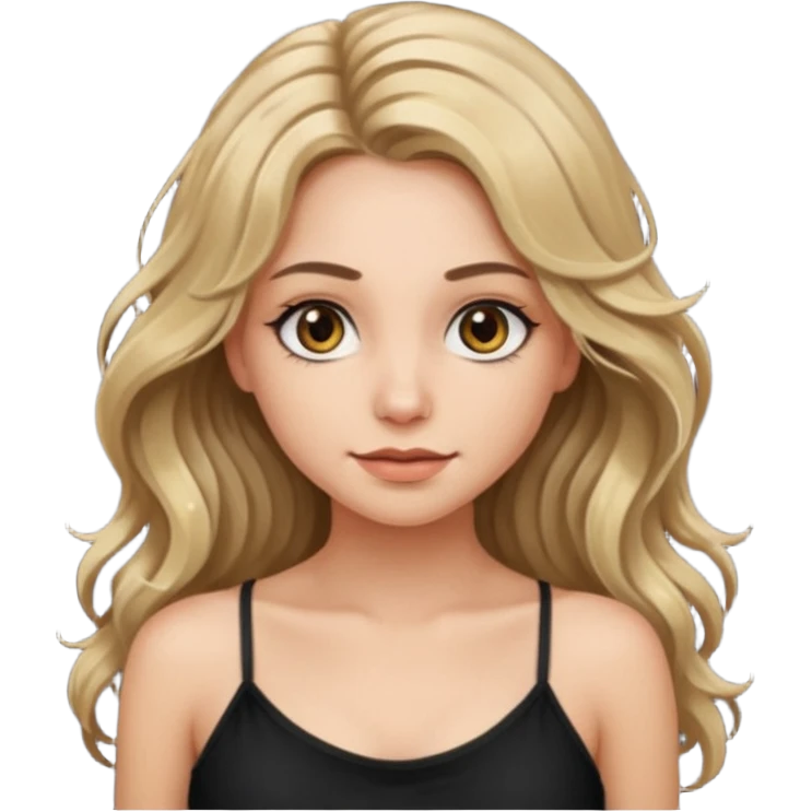 make an emoji girl with long dirty blond hair and hazel eyes. wearing a cute black spaghetti strap tank top tank top and her hair is down and slightly wavy. she also has really long eyelashes  emoji