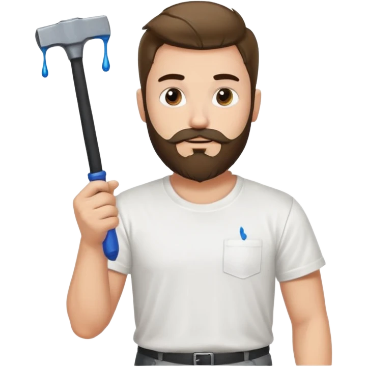  guy who looks very handsome, he has a beard, wears a white tee shirt with drops of paint on it and holds a black screwdriver in one hand and a black hammer in the other  emoji