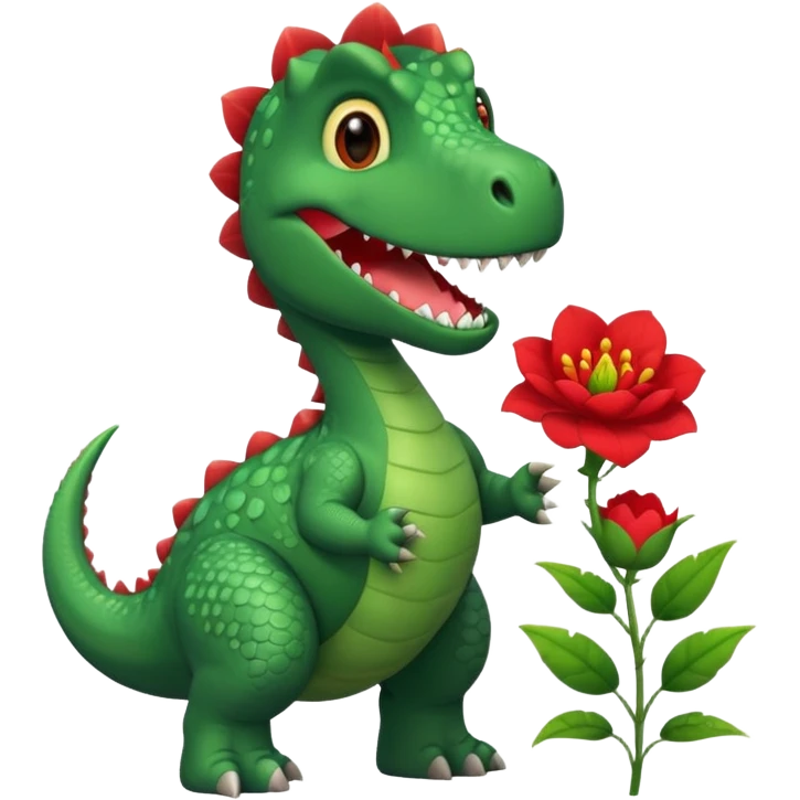 a dinosaur holding a flower with a pretty smile emoji