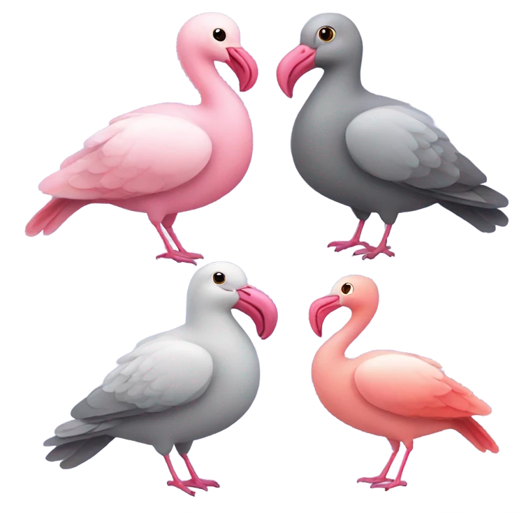 Three gray pigeons, and one flamingo in a park setting emoji
