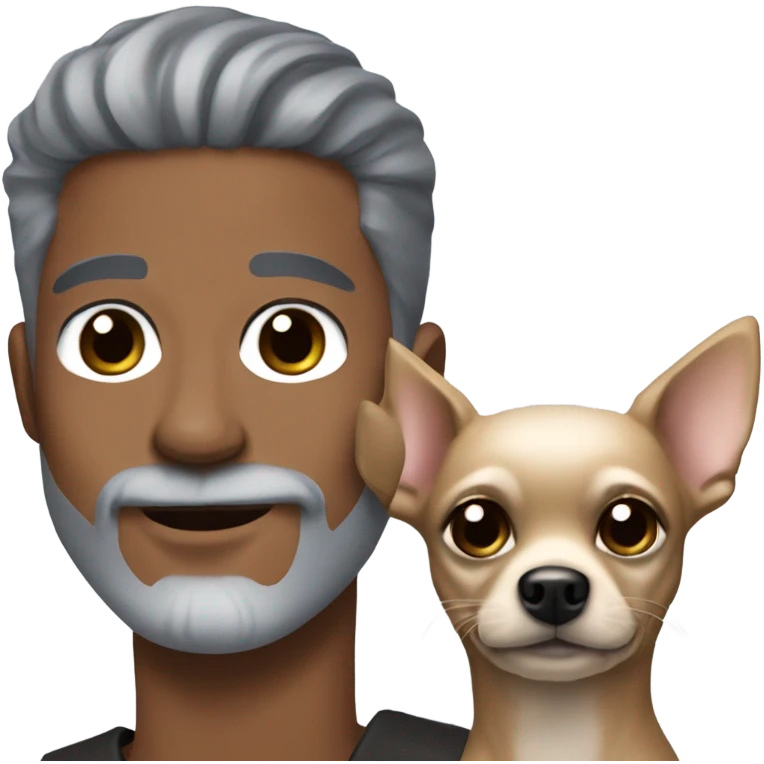 Handsome man, with blue eyes, grey hair, and grey goatee beard, holding a long haired black chihuahua emoji