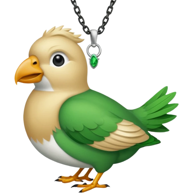 un oiseau classique tout vert avec un collier autour de son cou avec des breloque argentées et un seul poil blond qui fait une petite bouclette sur le front le collier est autour de son cou emoji