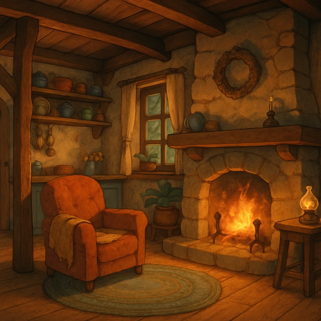 cozy cottage, warm lighting, ghibli style, inviting and charming emoji