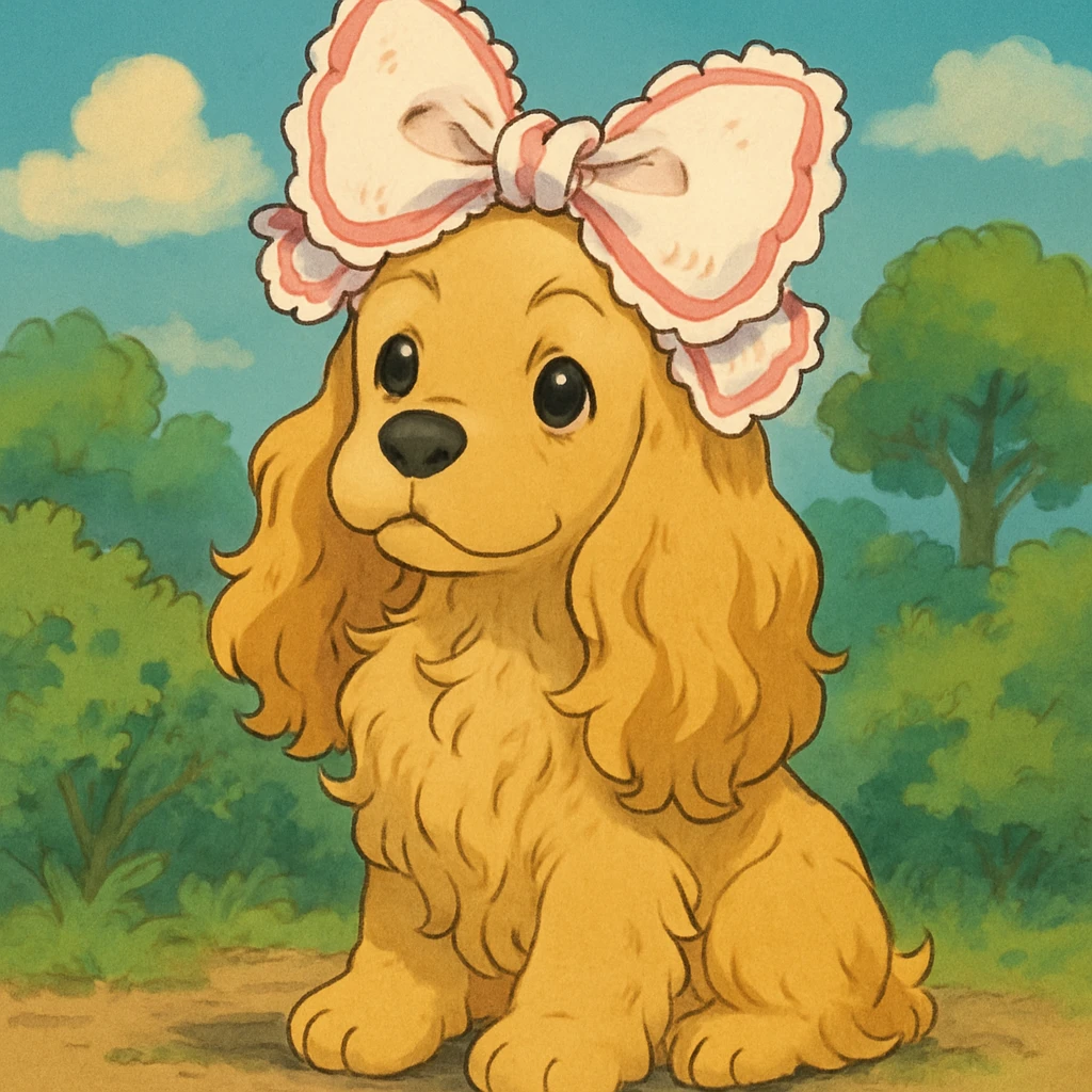 Blonde cocker spaniel with a big frilly white and pink rococo bow on top of its head  emoji