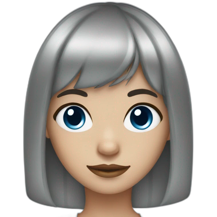 girl with dark brown hair, thick bangs, blue eyes emoji