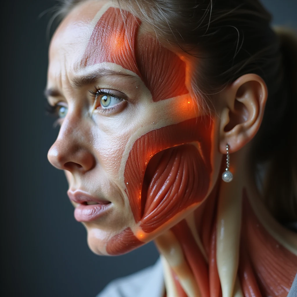 realistic anatomical close-up of a woman's head showing muscles and pain areas highlighted, suffering expression, white background emoji