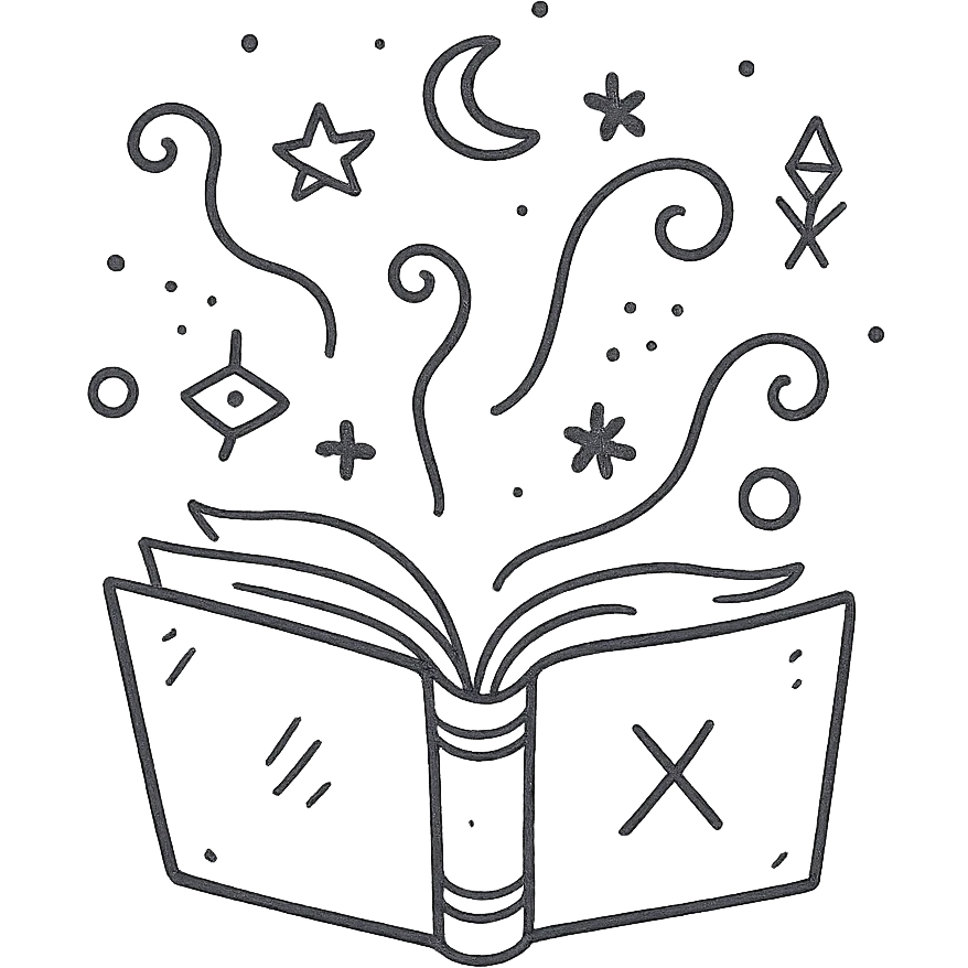 Открытая магическая книга в стиле дудлинг. Из её страниц вылетают завитки магии, звёздочки, луны, искры и таинственные символы. emoji